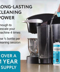 Two Pack Universal Coffee Descaler for All Machines Including Keurig Nespresso Delonghi and Other Single Serve Coffee and Espresso Makers Made in USA 8 oz bottles providing four descale sessions to remove mineral buildup and residue.