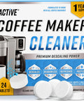 Package of 24 high-performance descaler tablets for coffee machines with image of tablets and coffee maker