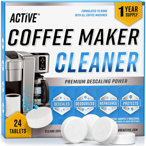 Package of 24 high-performance descaler tablets for coffee machines with image of tablets and coffee maker
