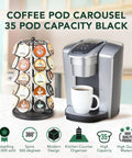 Rotating Coffee Pod Carousel For K Cups Holds 35 Pods Spins 360 Degrees Lazy Susan Platform Black Finish with Coffee Maker