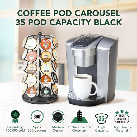 Rotating Coffee Pod Carousel For K Cups Holds 35 Pods Spins 360 Degrees Lazy Susan Platform Black Finish with Coffee Maker