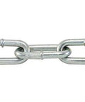 Coil Chain Zinc Straight Link (Trade Size 4/0 100Ft Box) showing zinc-plated metal links for smooth motion and stable alignment.