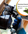 Close-up of a person using a pneumatic nail gun on wood, with a focus on practical functions and enhanced nail performance.