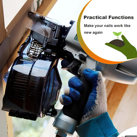 Close-up of a person using a pneumatic nail gun on wood, with a focus on practical functions and enhanced nail performance.