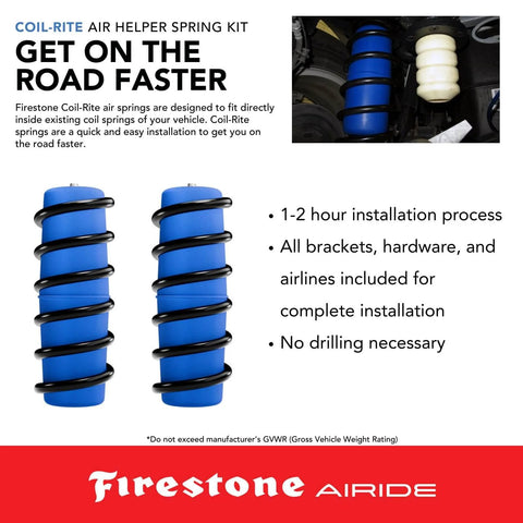 Coil-Rite Rear Air Springs Kit For 1998-2026 4Runner And 2007-2014 FJ Cruiser With No Drill Install; image shows blue air springs and installation details