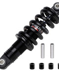 Beefy Coil Spring Rear Shock Absorber For Mountain Bike 150x30mm 750 Lbs Rate Aluminum 6061 One Piece Body Preload Adjustable Chromed Shaft Includes Extra Bushings For XC Rides, with extra bushings and fittings displayed.