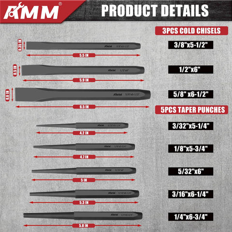 16 Piece Punch And Chisel Set with Taper Punches Cold Chisels Pin Punches and Center Punch in Cr V Steel product dimensions image