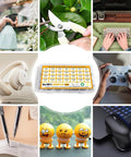 Collage of household and tech items including gardening tools, keyboard, headphones, electronic kit, gaming controller, pens, emoji toys, mouse.