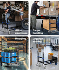 Collage showing 3 In 1 Collapsible Heavy Duty Hand Truck Dolly Cart With Wheels And Straps in various uses: warehouse, cargo, shopping, office.