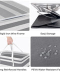 Close-up of grey collapsible laundry hampers showcasing reinforced handles, waterproof fabric, and freestanding design.