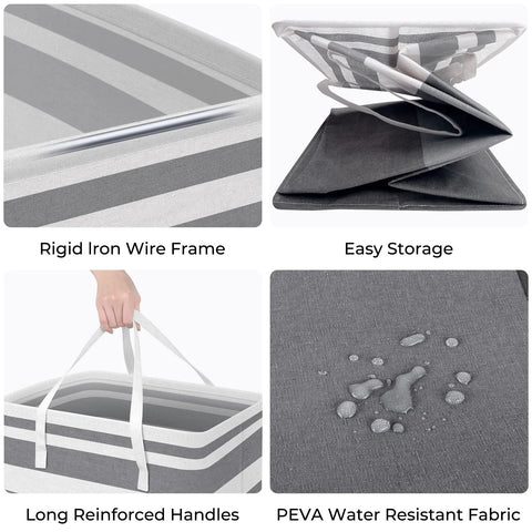 Close-up of grey collapsible laundry hampers showcasing reinforced handles, waterproof fabric, and freestanding design.