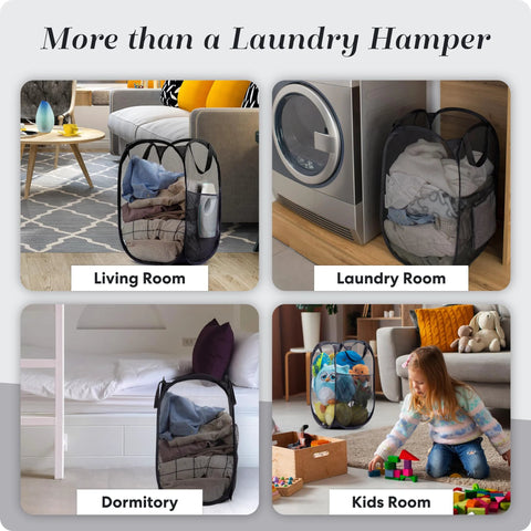 Collapsible Mesh Pop Up Hamper With Wide Opening And Side Pocket Breathable Sturdy Foldable Space Saving Design For Clothes