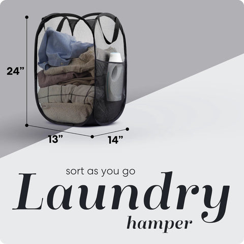 Collapsible Mesh Pop Up Hamper With Wide Opening And Side Pocket Breathable Sturdy Foldable Space Saving Design For Clothes