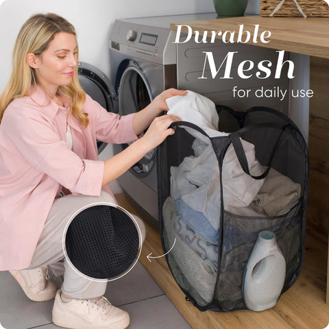 Collapsible Mesh Pop Up Hamper With Wide Opening And Side Pocket Breathable Sturdy Foldable Space Saving Design for laundry
