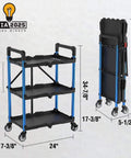 Three Tier Collapsible Service Cart With Wheels For Garage Warehouse Home And Office Foldable Utility Cart Holds Up To 210 Lbs No Assembly Required Portable Durable Easy Out Of The Box WORKPRO, shown unfolded and folded with dimensions.