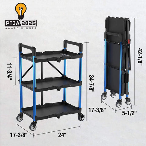 Three Tier Collapsible Service Cart With Wheels For Garage Warehouse Home And Office Foldable Utility Cart Holds Up To 210 Lbs No Assembly Required Portable Durable Easy Out Of The Box WORKPRO, shown unfolded and folded with dimensions.