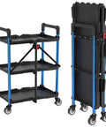 Three Tier Collapsible Service Cart With Wheels For Garage Warehouse Home And Office Foldable Utility Cart Holds Up To 210 Lbs No Assembly Required Portable Durable Easy Out Of The Box WORKPRO shown in open and folded positions.