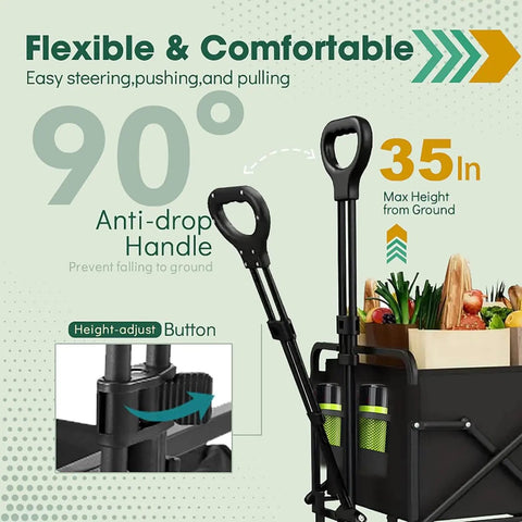 Heavy Duty Collapsible Wagon With Wheels 370 Lb Capacity Foldable Beach Cart with anti-drop handle and height-adjust button