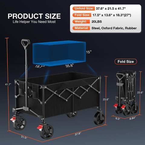 Beast Mode 180L Large Capacity Collapsible Wagon With Wheels 330Lbs Heavy Duty Foldable Shopping Cart dimensions and material.