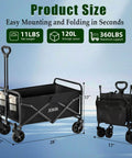 Collapsible Wagon Cart Foldable 120L 360Lb Load Capacity Lightweight Beach Wagon shown unfolded and folded with dimensions