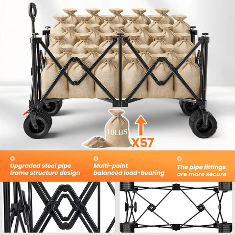 Heavy Duty Collapsible Wagon Cart With 570 Pound Capacity And Big All Terrain Wheels loaded with sacks
