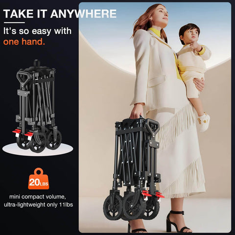 Woman carrying folded Beast Mode 180L Large Capacity Collapsible Wagon with wheels, showcasing its portability and compact design.