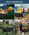 Extra Large Collapsible Wagon Cart with 220L capacity, 360 lb load, used for camping, beach, garden, and shopping scenarios.