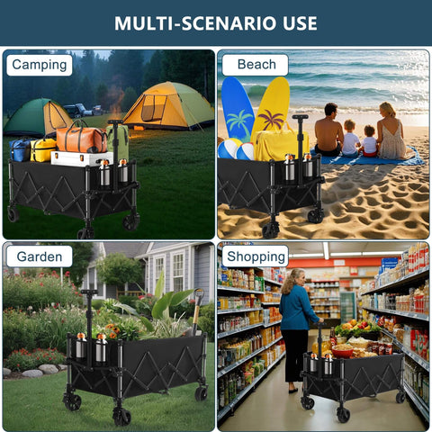 Extra Large Collapsible Wagon Cart with 220L capacity, 360 lb load, used for camping, beach, garden, and shopping scenarios.