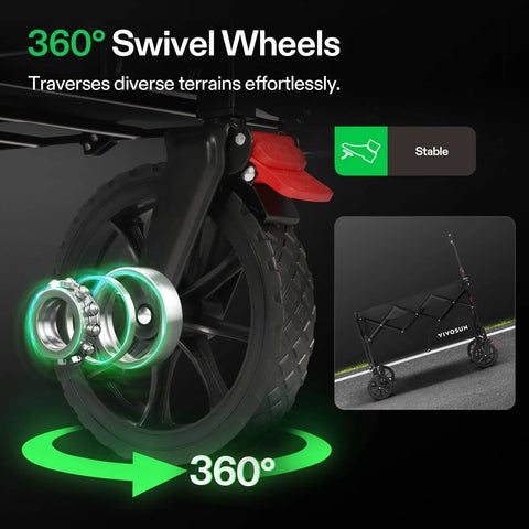 Close-up of 360° swivel wheels on Collapsible Wagon With Tailgate For Camping And Outdoors, 320 Lb Load Capacity, Black VIVOSUN
