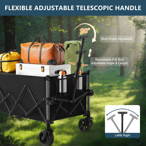 Extra Large Collapsible Wagon Cart With 220L Capacity And 360 Pounds Load All Terrain Wheels With Brakes Portable Foldable Utility Cart For Grocery Camping Shopping Garden Outdoor Sports Favoyard with telescopic handle in forest setting
