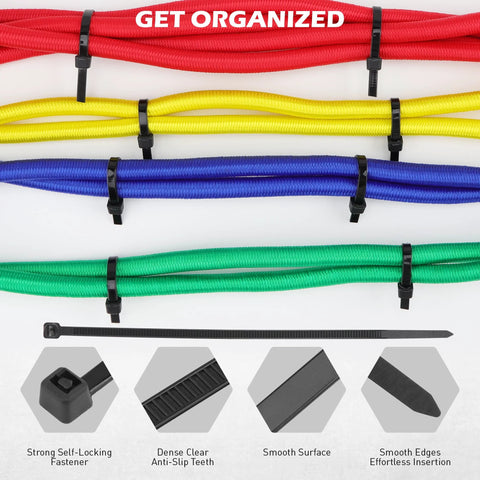 Assorted bungee cords in red, yellow, blue, and green with hooks, organized for outdoor use. Features include self-locking fasteners.
