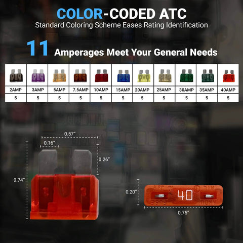 ATO And ATC Car Fuse Assortment Kit With 55 Pieces Color Coded Blade Fuses In A 2A To 40A Range For Auto RV And Marine Use