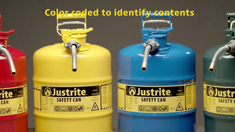 5 Gallon Diesel Safety Can With Flame Arrester Self Closing Lid Flexible Five Eighth Inch Metal Spout Type II Flammable Storage Galvanized Steel Construction Made In The USA Two Openings For Easy Filling And Targeted Pouring, shown in multiple colors