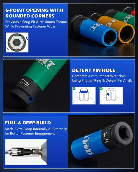 Half Inch Drive Lug Nut Socket Set For Your Ride Orion Motor Tech With Metric 17mm 19mm 21mm And SAE 13/16 Inch Sockets