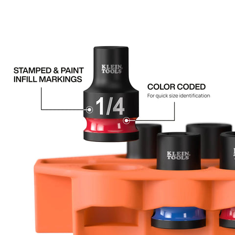 Close-up of 1/4 inch impact socket with stamped markings, part of Grab And Go Impact Socket Set In SAE With Sleeve And Carabiner 10 Piece Drive Kit.
