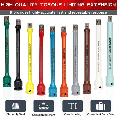 1/2" Drive Torque Limiting Extension Bar Set, 10-Piece Impact Torque Limiter Set with 8 Inch Color-Coded CR-MO Torque Sticks