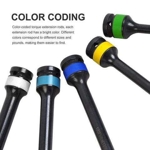 Color-coded 5PCS 1/2 in. Drive Torque Limiting Extension Bar Set, 65-140 ft. lbs Impact Torque Sticks showing 5 bars