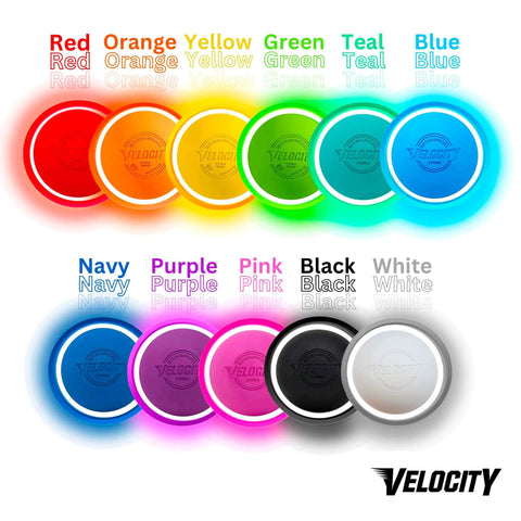 Frisbees LED Velocity de colores: rojo, naranja, amarillo, verde, turquesa, azul, azul marino, morado, rosa, negro y blanco.
