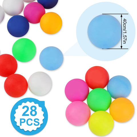 Colorful display of 28 Pcs Colored Ping Pong Balls, 40mm Table Tennis Balls for Games, Arts, Kids, and Pets with size detail.