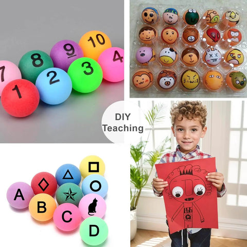 Collage of numbered and symbol-marked ping pong balls, a child displaying a crafts project, highlighting various uses for ball games.