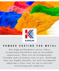 Colorful powder coating for metal surfaces by Kwolin displayed with company logo and product description text.