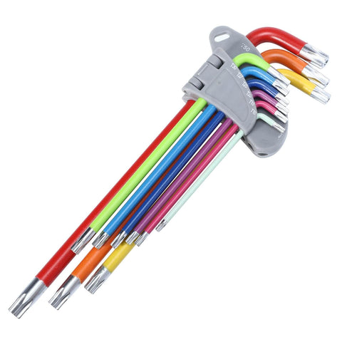 9 Piece Colored Star Hex Wrench Set With L Shaped Long Arm Heavy Duty Steel Spanner Tools For Mechanical And Industrial Use Pro Grade Handy Multi Function Repair Kit For Auto Machinery And Home Projects, in a holder, close-up view.