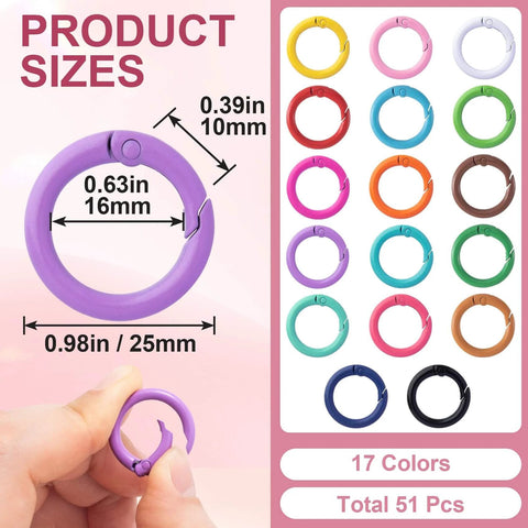 51 Pcs 25Mm Round Spring O Rings Set With Colorful Metal Key Ring Snap Buckle Clips For Purses, Keychains, Handbags, And Lanyards