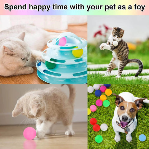 Pets playing with 28 Pcs Colored Ping Pong Balls, 40mm Table Tennis Balls for Games or Arts, displayed around cats and dog.
