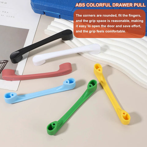 Six colorful ABS plastic drawer pulls in various colors displayed on a surface, ideal for home kitchen cupboards.
