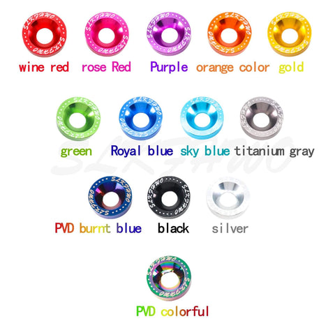 Color variations of SLKFHWO 6063-T6 Hard Aluminum Alloy Fender Washer in 12 shades, including black, showing CNC precision machining.