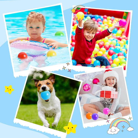 Collage of kids and a dog playing with Colorful Ball Pit Balls 100pcs for Kids, BPA & Phthalate Free, Crush Proof and Non-Toxic