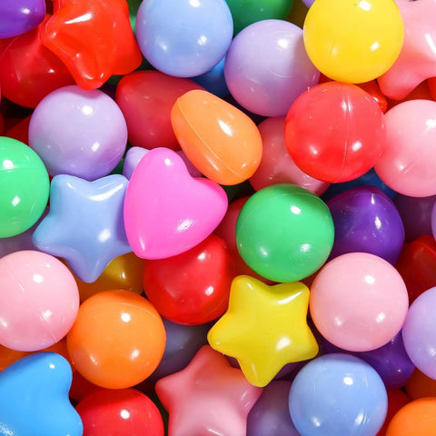 Colorful mix of round, star, and heart-shaped play balls from Ball Pit Balls Pack of 100 - Phthalate Free BPA Free Crush Proof Plastic Ball.
