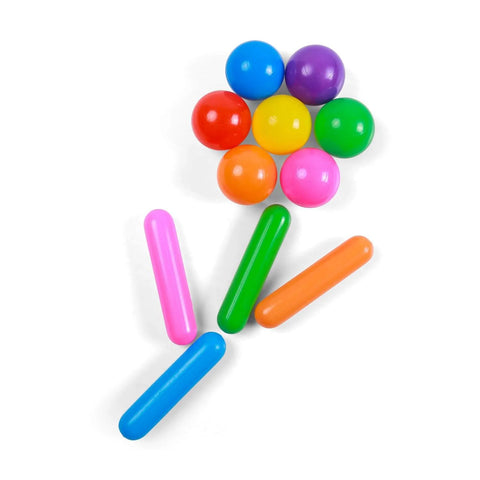 Colorful plastic toy balls and rods arranged in flower shape, part of Ball Pit Balls for Kids -Pack of 150 Colorful Ball Pit Balls Crush Proof Plastic Toy Balls for Toddlers Ball Pit, Ball Pit Play Tent, Baby Pool Water Toys.