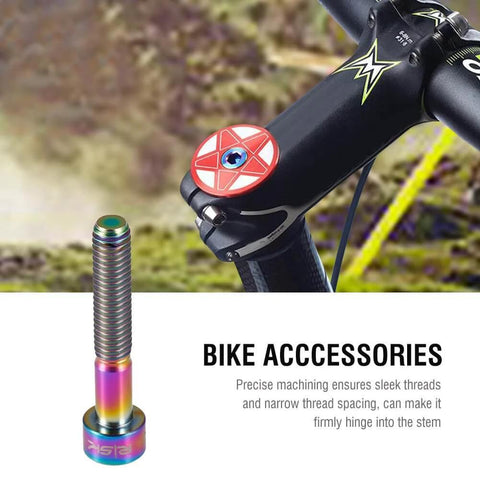 Colorful M6-35 bike stem bolt, hex tapered bolts screw, stem top cover with precise machining; shown installed on bike handlebars.
